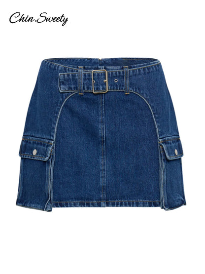 Y2K Off Shoulder Denim Tops Skirt Sets Women Slim Skew Collar Sleeveless Crop Vest Bodycon Skirts 2025 Lady Street 2 Pieces Suit