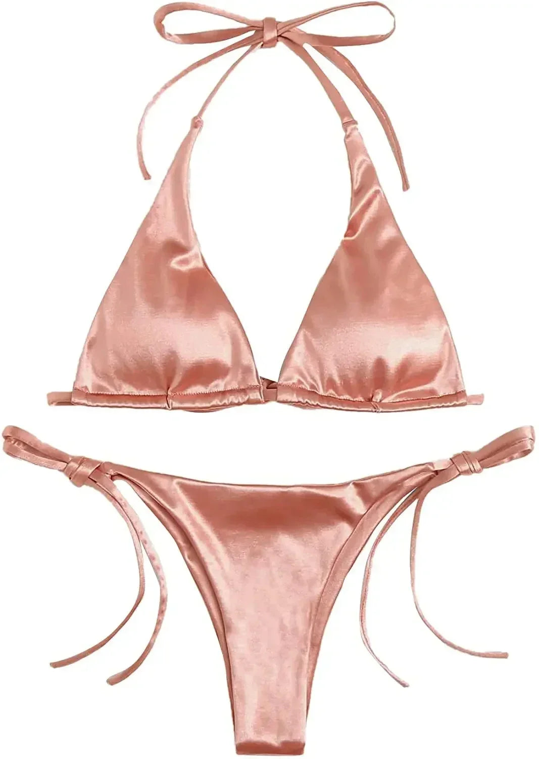 Sexy Women’s Metallic Halter Top Two Piece Swimsuit Tie Side Triangle Bikini Summer Solid Bathing Suit Beachwear Bikini Set