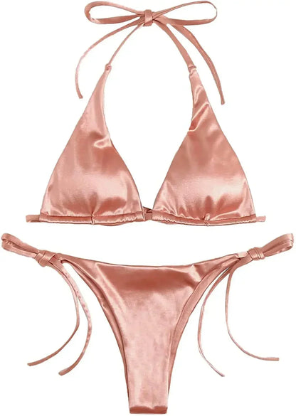 Sexy Women’s Metallic Halter Top Two Piece Swimsuit Tie Side Triangle Bikini Summer Solid Bathing Suit Beachwear Bikini Set