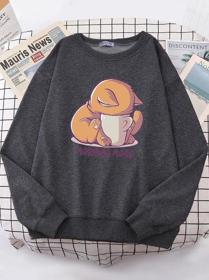 Sudadera con capucha de gato mirando la taza, bonita sudadera de moda para mujer, sudadera de forro polar con cuello redondo, sudaderas casuales, jersey de gran tamaño, ropa deportiva