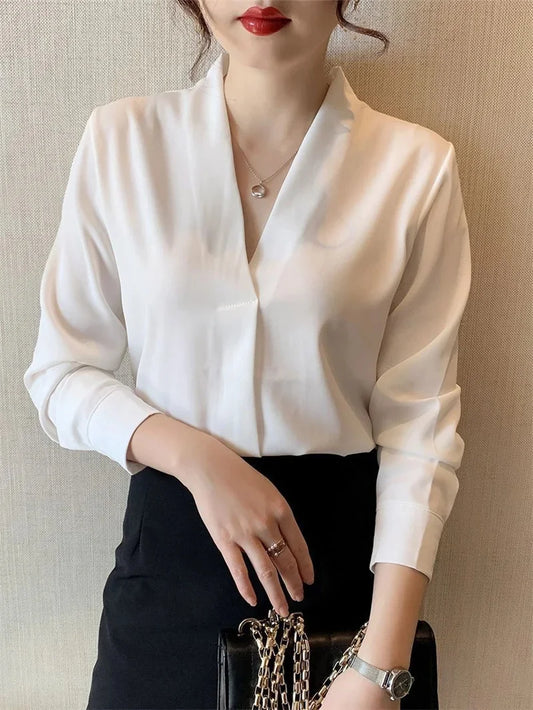 Blusas de estilo primavera otoño para mujer, camisas, ropa de oficina para mujer, blusas de manga larga con cuello en V, blusas de color liso, blusas