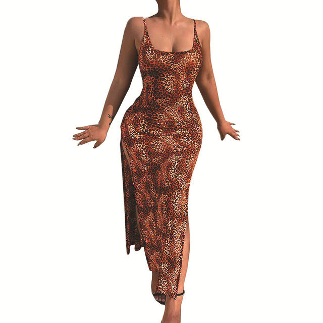 Vestidos largos ajustados con estampado de leopardo a la moda para mujer, vestidos sexis de corte bajo con espalda descubierta y abertura en la cadera, ropa de calle femenina de verano, novedad