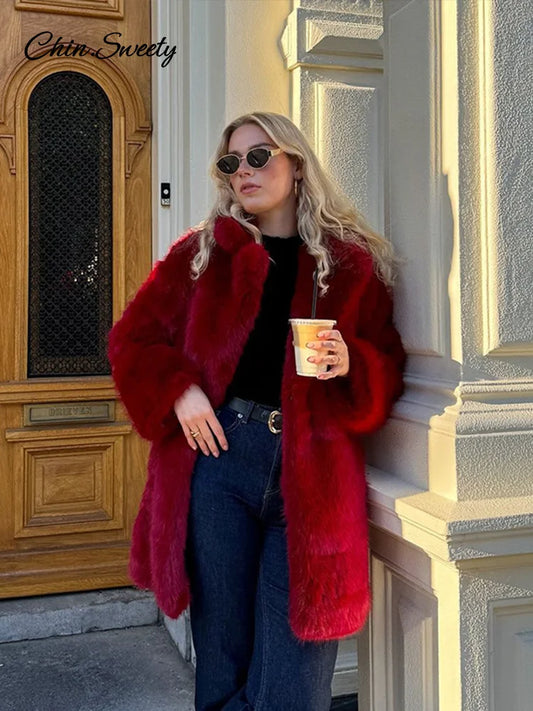Abrigo largo de piel sintética roja de lujo para mujer, forro polar grueso y cálido, manga larga, cárdigan con solapa, abrigo holgado de moda de invierno