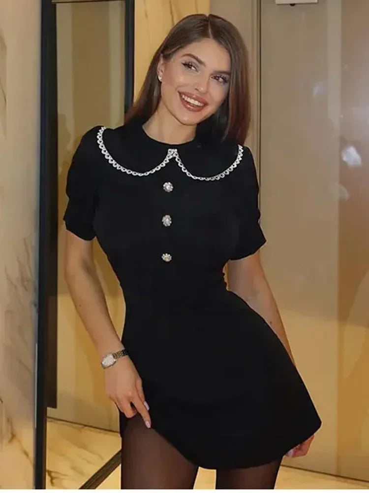 Elegant Slim Mini Dress Women Lace Short Sleeve Doll Collar Button Splice Autumn Fashion Classic Office Dresses Female