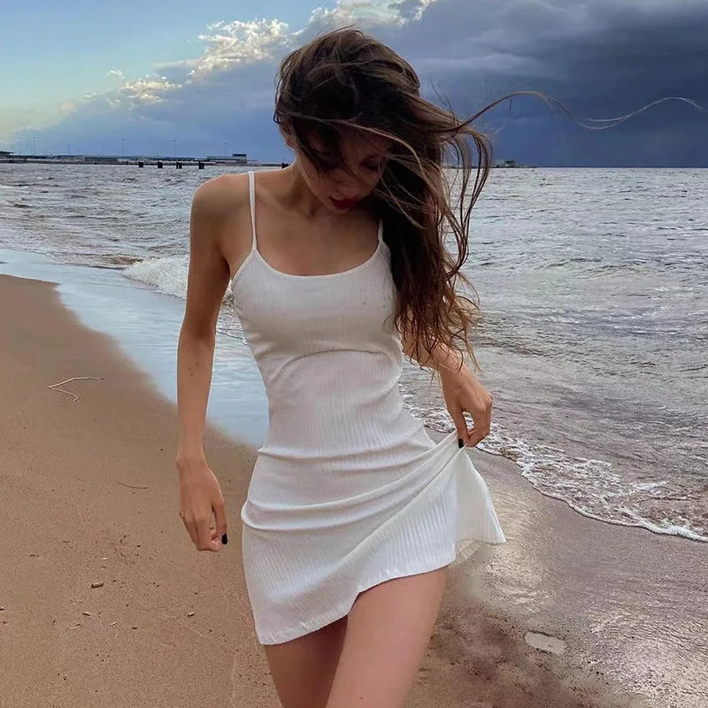 Basic Dress for Women White Spaghetti Strap Sleeveless A Line Mini Dresses y2k Clothes 2000s Aesthetic Dress Beach Wear