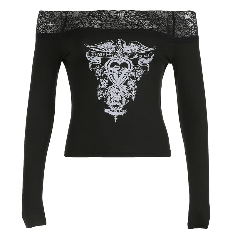 Blusas góticas retro de encaje con cuello oblicuo para mujer, manga larga, Y2k, estampado oscuro y chic, moda de otoño, tops de moda
