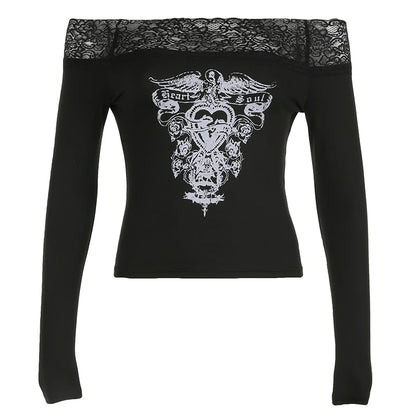 Blusas góticas retro de encaje con cuello oblicuo para mujer, manga larga, Y2k, estampado oscuro y chic, moda de otoño, tops de moda