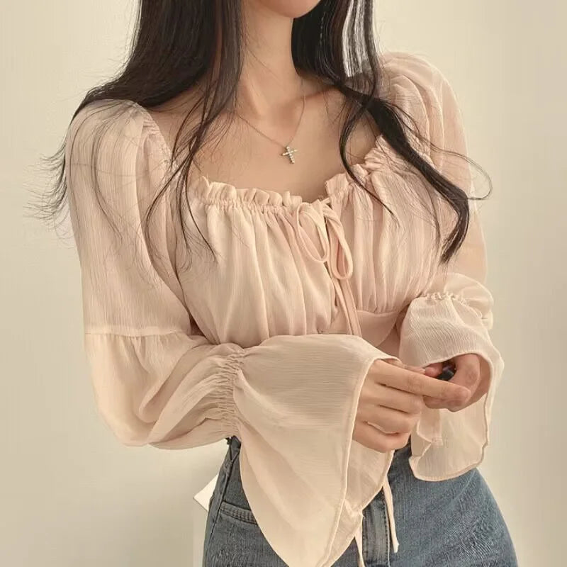 Blusas Y2K para mujer, de color liso, con cordón, lazo y volantes, de manga larga, fruncidas, tops cortos, ropa elegante de calle