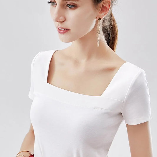 Blusas de algodón para mujer, estilo primavera-verano, informales, de manga corta, cuello cuadrado, lisas y holgadas, DF3492