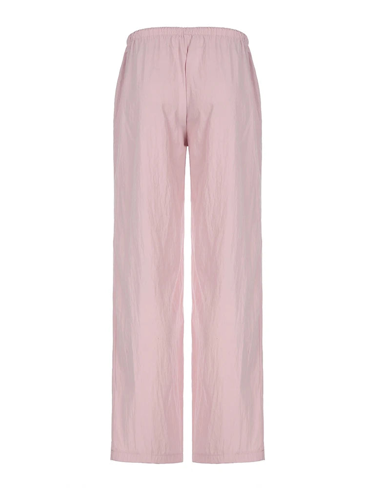 Pantalones de chándal holgados de color rosa liso, informales, de pierna recta, con cordón y cintura baja, estilo Y2K