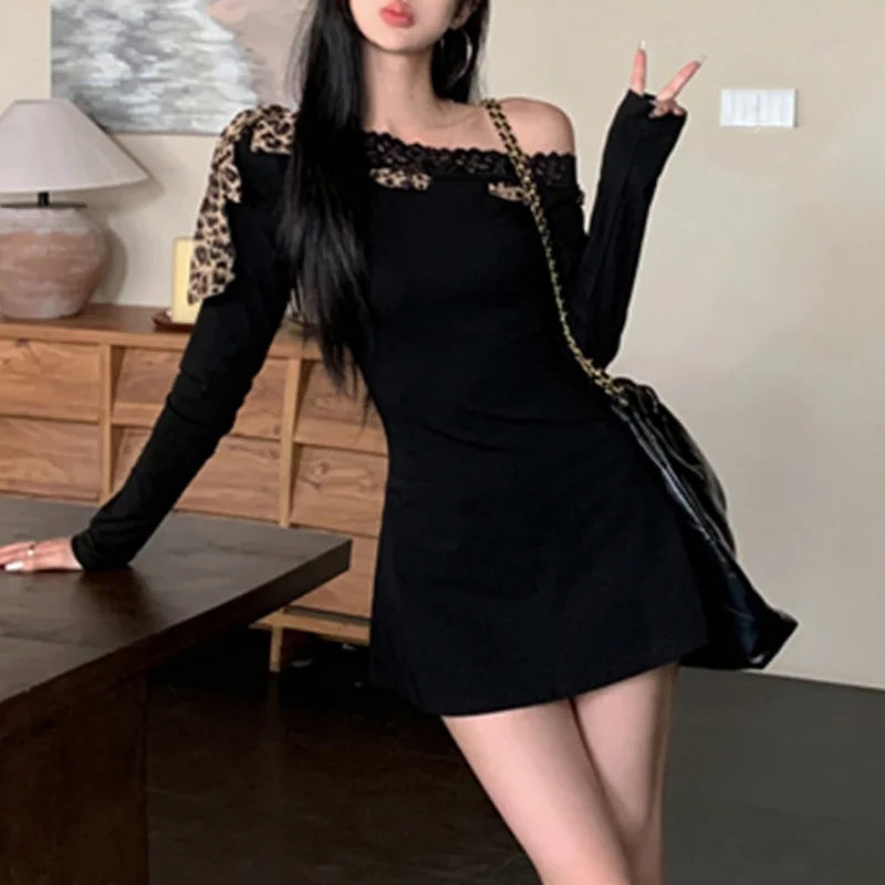 Vestido sexy para mujer Y2K, ropa con estampado de leopardo, ribete de encaje, hombros descubiertos, manga larga, corte A, minivestido de fiesta, ropa de club.