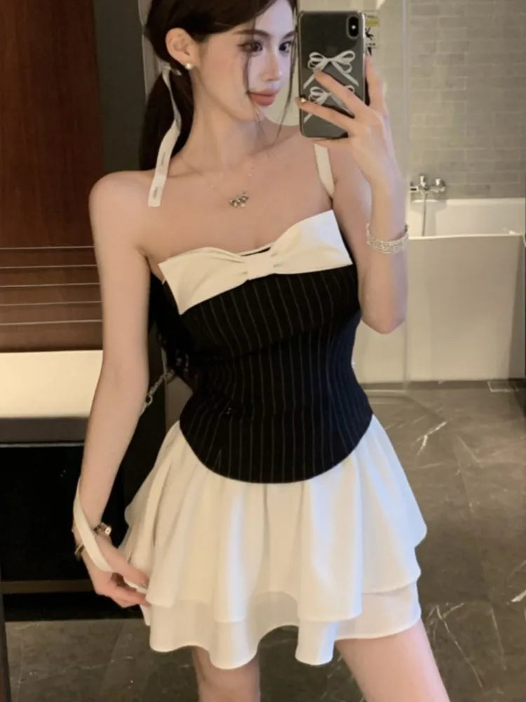 Vestidos cortos sexis de retazos a rayas para mujer, sin tirantes, con capas, volantes, corte A, con lazo, para fiesta de cumpleaños, moda coreana.
