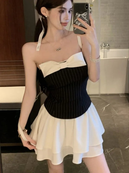 Vestidos cortos sexis de retazos a rayas para mujer, sin tirantes, con capas, volantes, corte A, con lazo, para fiesta de cumpleaños, moda coreana.
