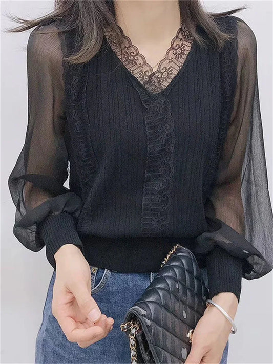 Blusas de mujer estilo primavera otoño, blusas casuales de manga larga con cuello en V y encaje DF4452
