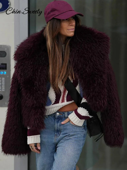 Abrigo de piel sintética para mujer, chaqueta corta holgada de manga larga con solapa esponjosa y color burdeos y rojo, ropa de calle de invierno para mujer