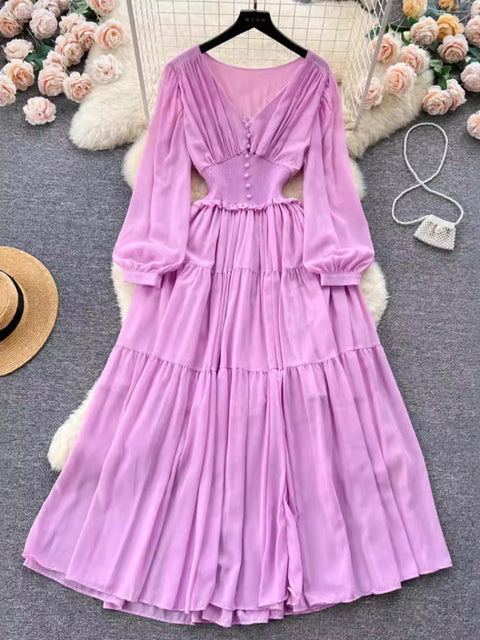 Vestido largo de gasa vintage para mujer, elegante, con escote en V, manga larga, informal, plisado francés, ajustado, corte A, largo