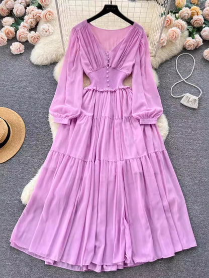 Vestido largo de gasa vintage para mujer, elegante, con escote en V, manga larga, informal, plisado francés, ajustado, corte A, largo