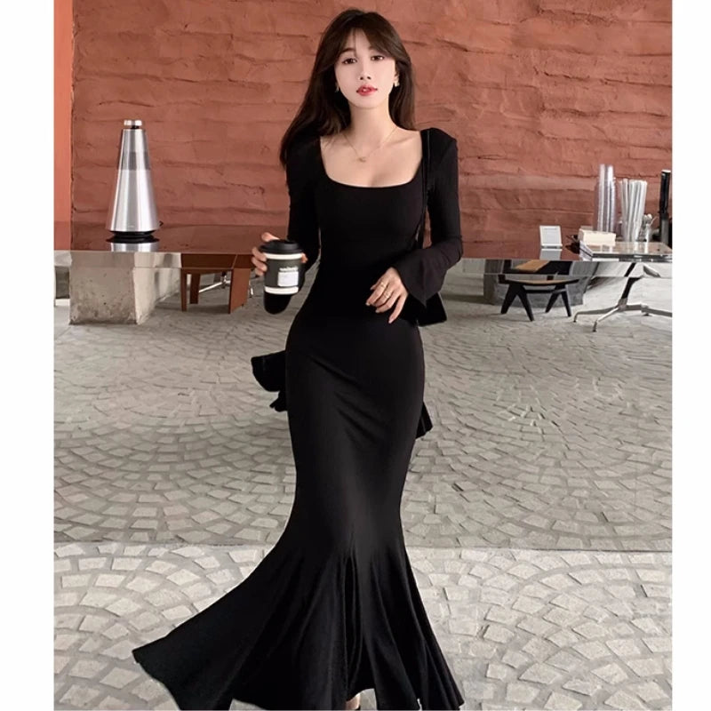 Autumn Fashion Long Dresses for Women Long Sleeves Square Collar Korean Style Slim Fit Mermaid Elegant Basic Solid Vestidos New