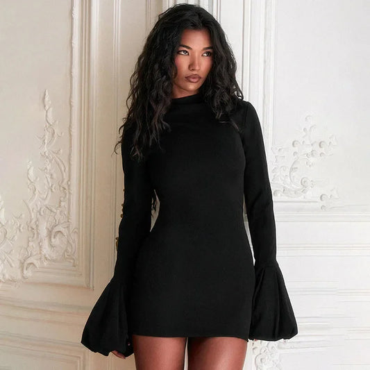 Vestido mini negro de manga larga con cuello halter y cintura alta para mujer, elegante, ajustado, para fiesta y club.