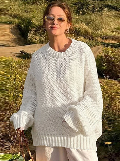 Suéteres casuales de punto con cuello redondo y aberturas para mujer, suéter holgado de manga larga liso, tops elegantes de calle para otoño