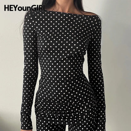 Women Dot Print Fitted Crop Top Elegant Casual Long Sleeve Vintage T-shirt Autumn Fashion Basic Tees Street Outfits