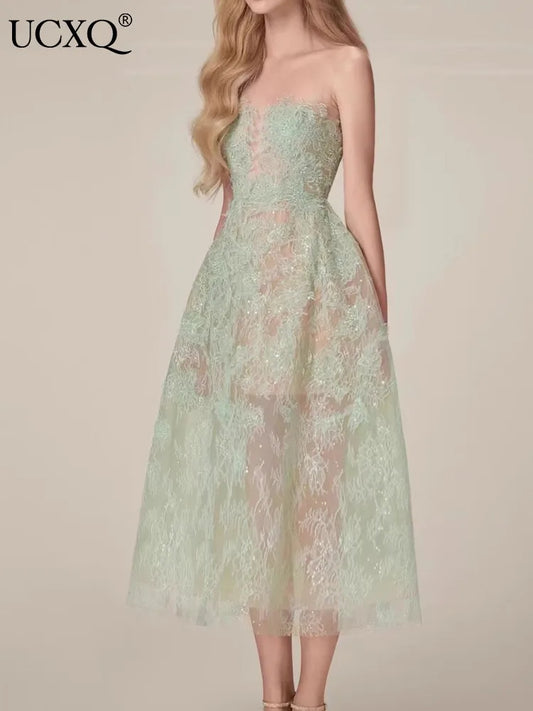 Vestido largo elegante de malla multicolor sin tirantes con encaje de lentejuelas y flores 3D de estilo coreano para mujer, primavera-verano 2025, A7877