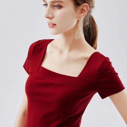 Blusas de algodón para mujer, estilo primavera-verano, informales, de manga corta, cuello cuadrado, lisas y holgadas, DF3492