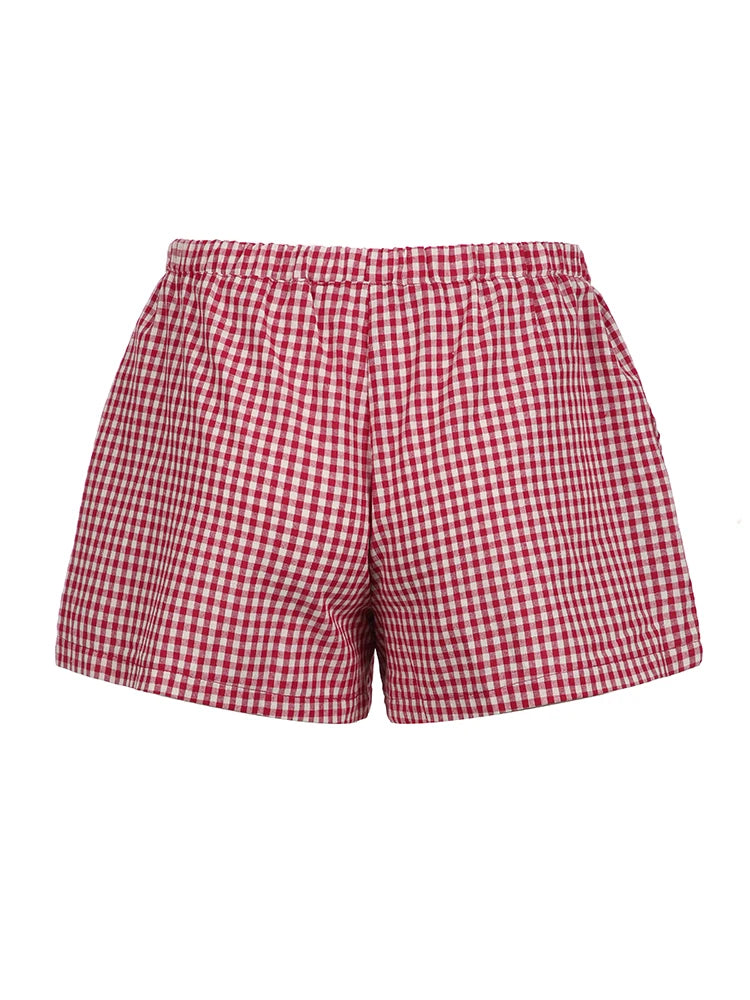 Christmas Preppy Y2K Red Plaid Elastic Waist Shorts Women Casual Loose Sweet Cute Summer Vacation Outfits
