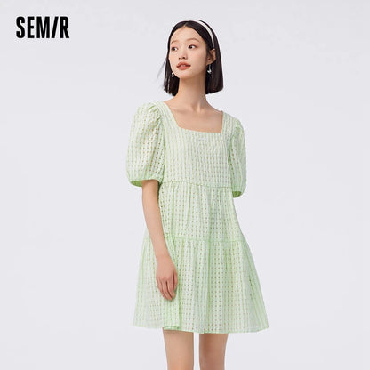 Vestido de mujer con textura a cuadros, fresco, de verano, nuevo, con cuello cuadrado, para bebé, dulce