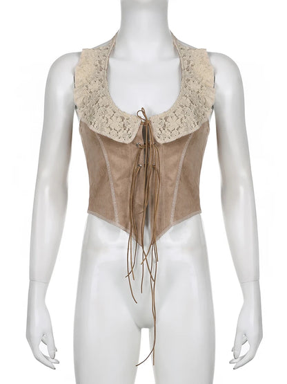 Chaleco vintage de gamuza para mujer, top Y2K con cordones, ajustado, sexy, sin mangas, de los años 2000, con ribete de encaje, estilo halter, ropa grunge