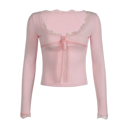 Camiseta de encaje con retazos Y2K para mujer, top corto ajustado con cuello cuadrado rosa, tejido de manga larga, bonitos conjuntos coreanos