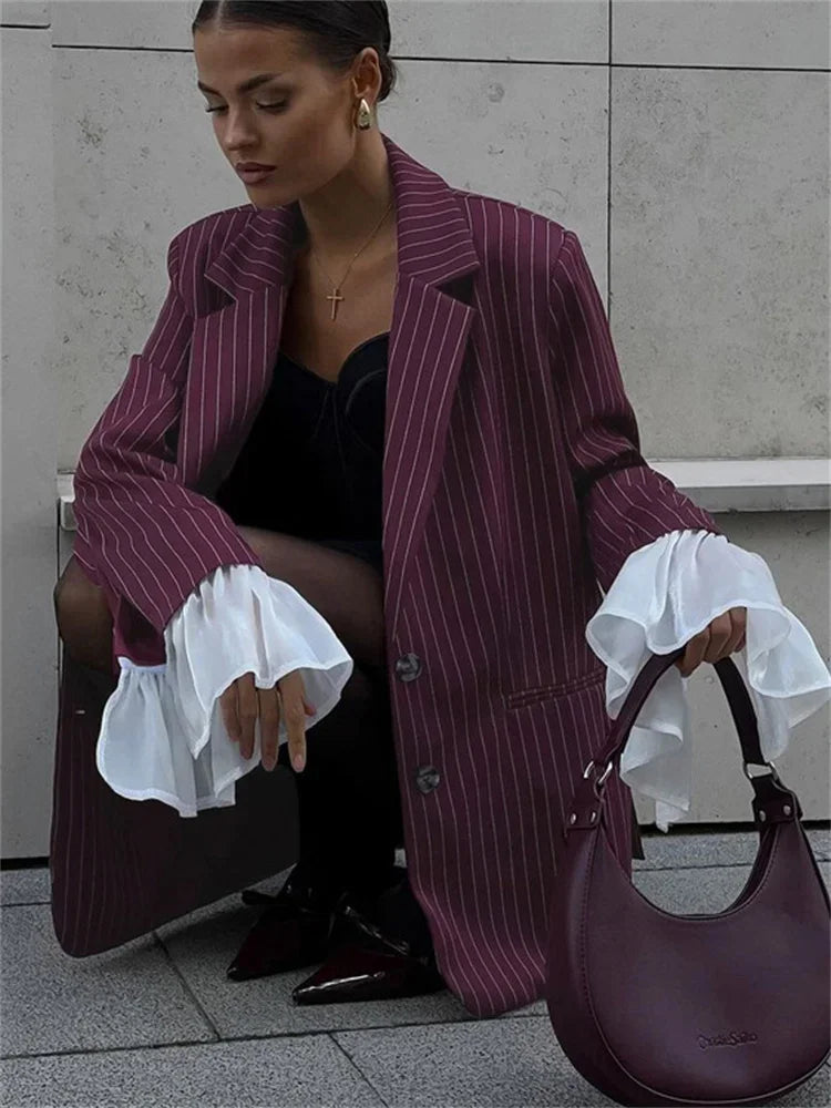 Lace Striped Suit Outwear For Women Patchwork Long Sleeve Lapel Fashion Commute Pocket Coat Ruffled Female Loose Blazer