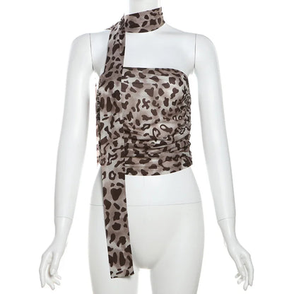 Blusa informal de verano con estampado de leopardo y tul para mujer, con escote recto, hombros descubiertos y bandeau.