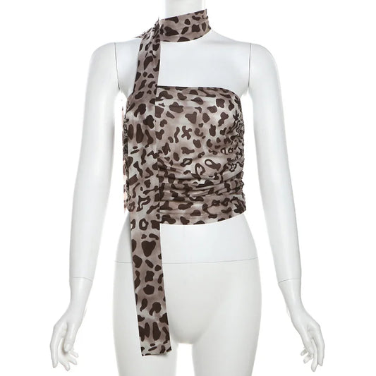 Blusa informal de verano con estampado de leopardo y tul para mujer, con escote recto, hombros descubiertos y bandeau.