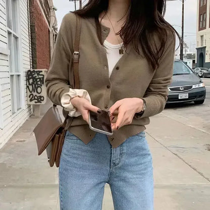 Cárdigan de punto para mujer, jersey coreano de manga larga con una hilera de botones, cárdigan elegante de cuello redondo, prendas de vestir exteriores para primavera y otoño