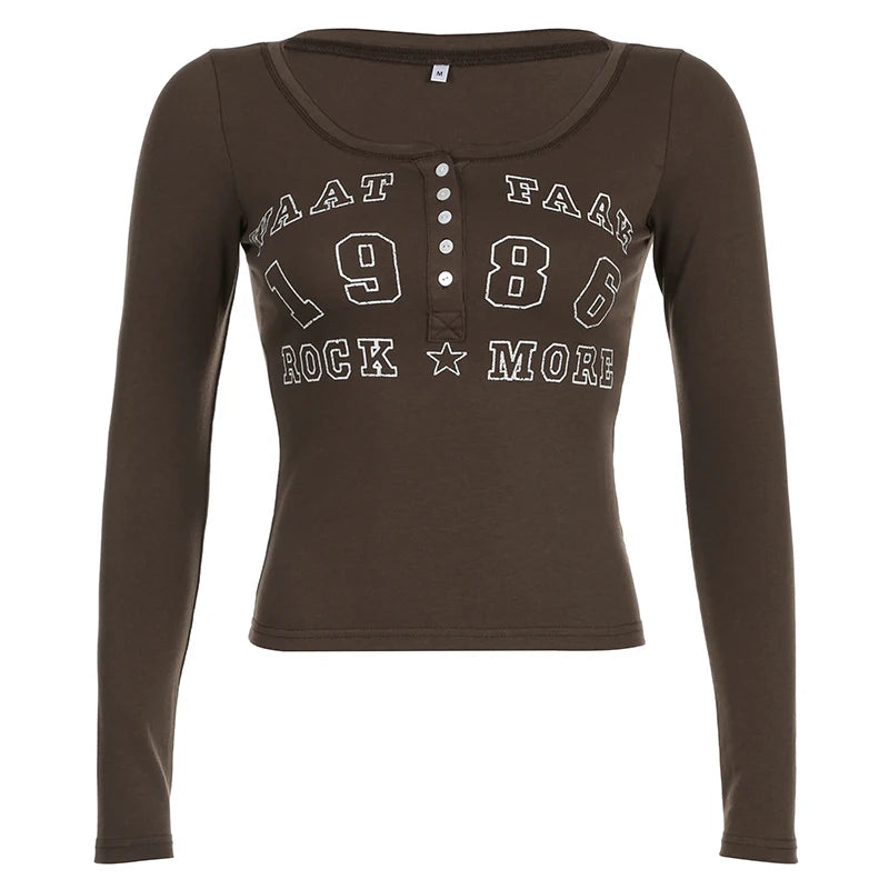 Camisa con cuello en V y botones con estampado de letras retro americanas para mujer, blusa nueva de otoño, blusa básica ajustada de punto, camisetas de calle, moda