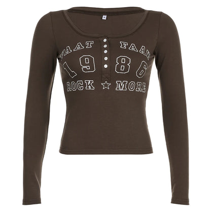 Camisa con cuello en V y botones con estampado de letras retro americanas para mujer, blusa nueva de otoño, blusa básica ajustada de punto, camisetas de calle, moda