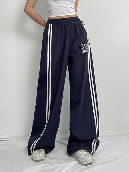 Pantalones rectos holgados de cintura alta con elástico y rayas laterales para mujer, pantalones holgados estilo hippie con estampado de letras, ropa de calle preppy