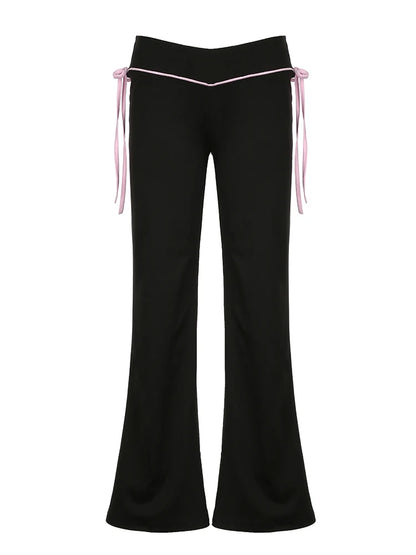 Pantalones acampanados Y2K de cintura baja con cordones en contraste para mujer, negros, básicos, sencillos, informales, de estilo dulce