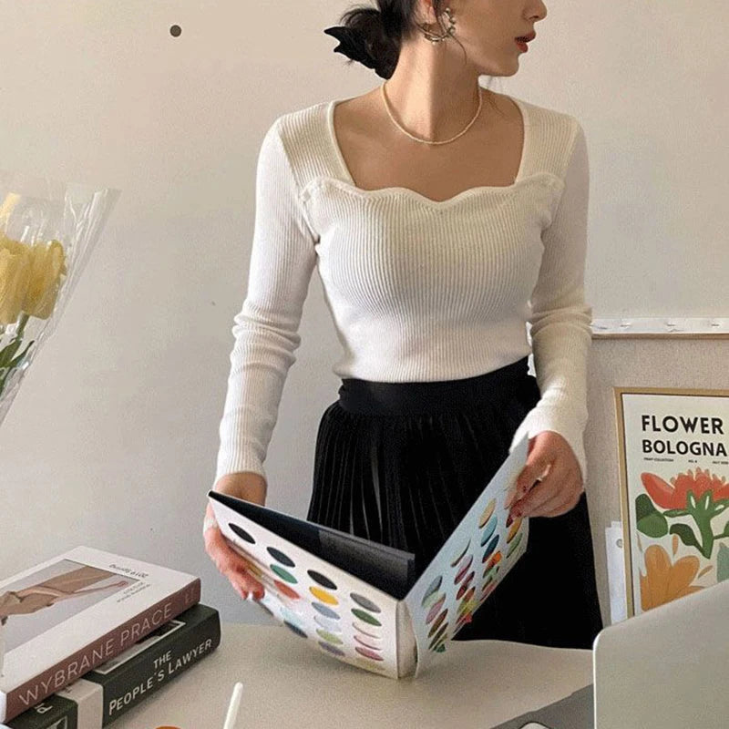 Suéteres de punto para mujer, suéteres vintage lisos, otoño invierno coreanos elegantes, prendas de punto ajustadas, cuello cuadrado, jerséis que combinan con todo, nuevos