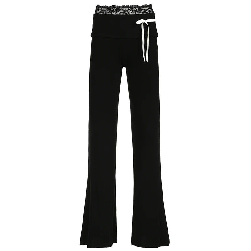 Pantalones acampanados de cintura alta con ribete de encaje sólido Hotsweet Y2k para mujer, pantalones básicos de moda casuales de moda