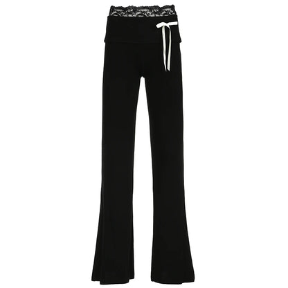 Pantalones acampanados de cintura alta con ribete de encaje sólido Hotsweet Y2k para mujer, pantalones básicos de moda casuales de moda