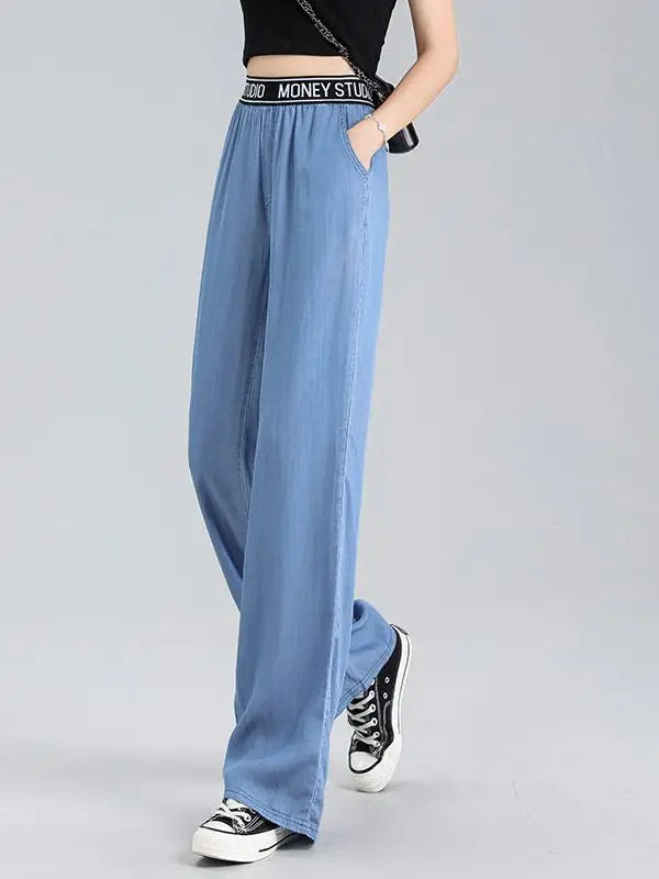Lyocell Jeans Wide Leg Long Pants Women Straight Loose High Waist Sport Casual Pants Female Office Trousers Lady Work Wear Thin