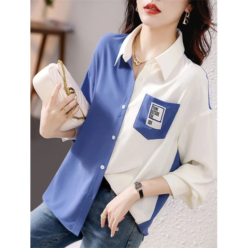 Blusas de mujer estilo primavera otoño, camisas casuales para dama, manga larga, cuello vuelto, patchwork, blusas estampadas, blusas, tops DF4852