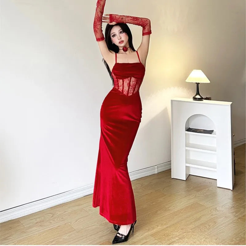 Vestidos sexis ajustados de terciopelo para mujer, corsé con tirantes finos y abertura en la cintura, vestido de fiesta de noche, bata de graduación, vestidos de Navidad