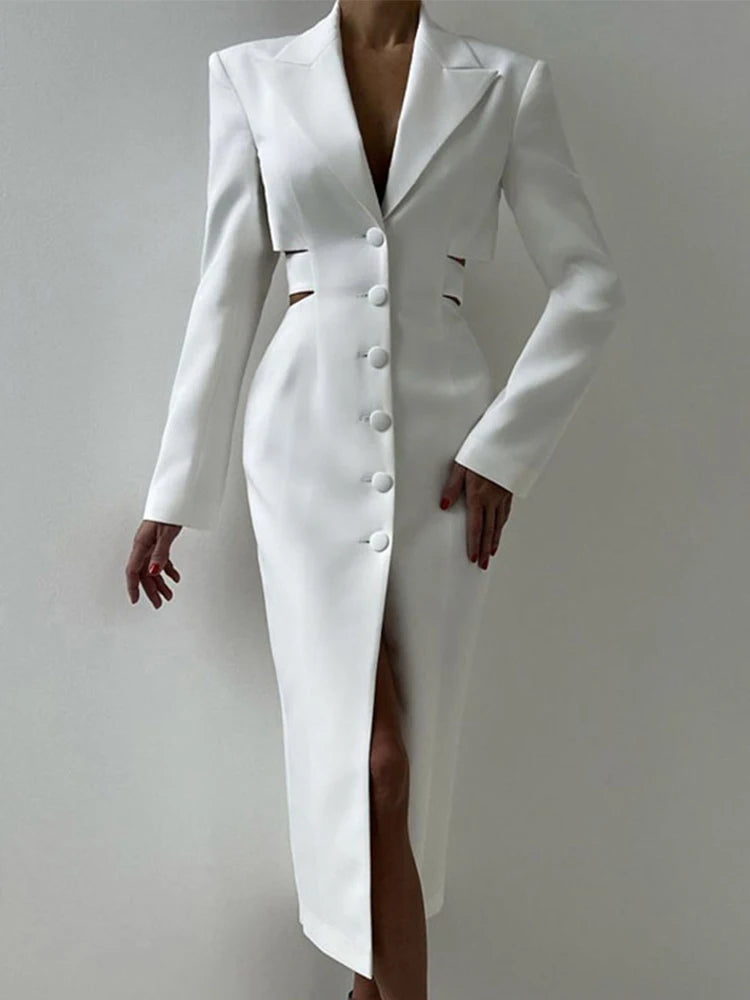 Elegante traje liso, vestidos largos para mujer, vintage, ajustado, sin espalda, con solapa y botonadura sencilla, vestido de otoño para mujer, versátil, para oficina y ropa de calle.