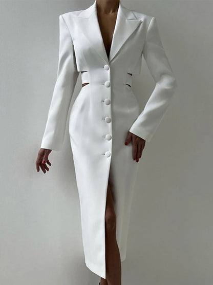 Elegante traje liso, vestidos largos para mujer, vintage, ajustado, sin espalda, con solapa y botonadura sencilla, vestido de otoño para mujer, versátil, para oficina y ropa de calle.