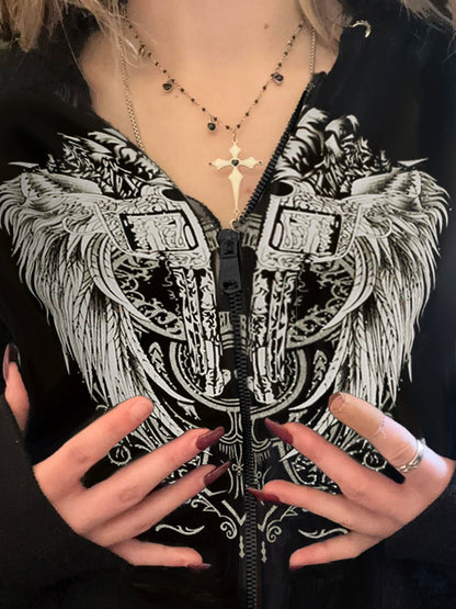 Abrigo con capucha y cremallera estilo retro oscuro Y2k, manga larga, básico, para mujer, moda chic, estampado de diamantes, sudadera tipo cárdigan