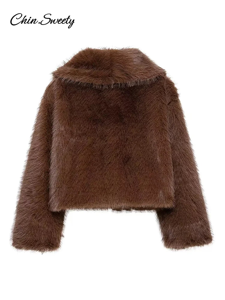 Abrigo corto de piel sintética con solapa marrón para mujer, chaqueta holgada gruesa y cálida de manga larga y esponjosa, ropa de calle para otoño e invierno.
