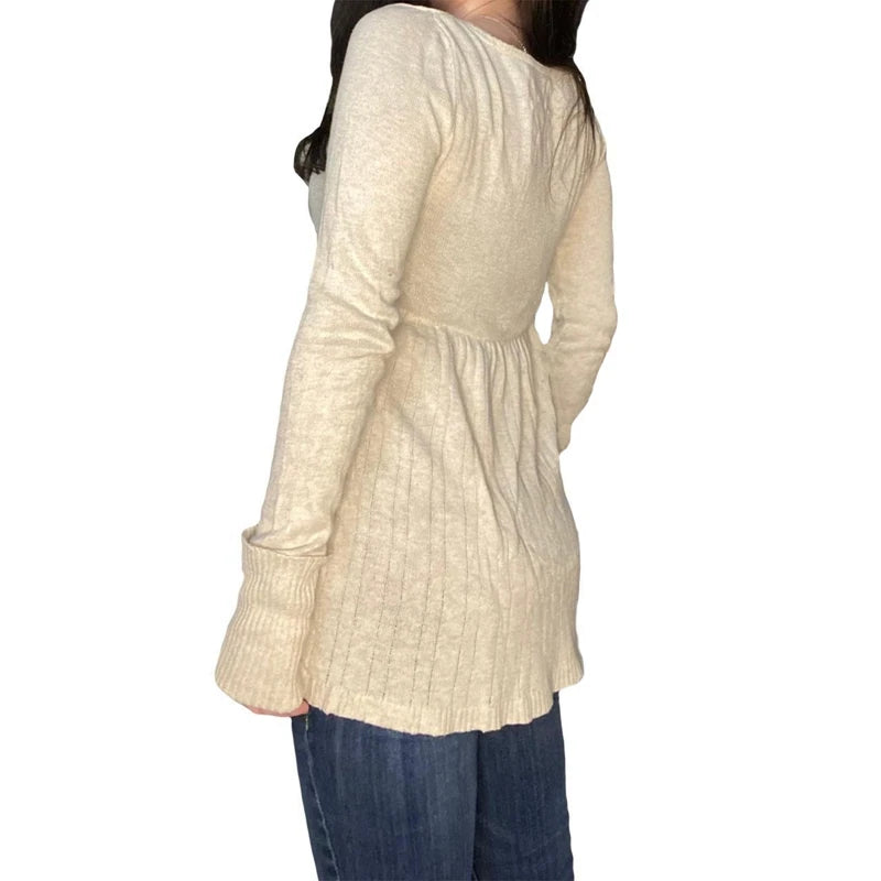 2000s Vintage Long Sleeve Babydoll Knitted Sweater Tops Cottage Milkmaid Pullovers Aesthetic Grunge Y2k Knitwear T-shirts Women